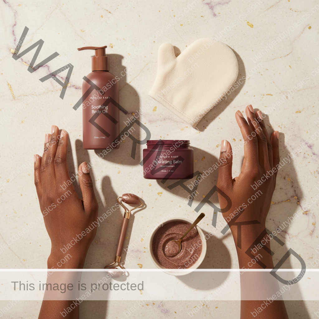 Body care essentials for Best Post-Wax Care for Melanin-Rich Skin in ivory plum bronze and soft gold tones