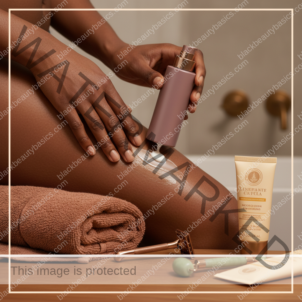 Melanin-rich Black woman with rich brown skin using a practical body care step with natural hands and correct anatomy