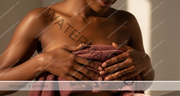 Melanin-rich Black woman with rich brown skin in a soft reassuring body care scene