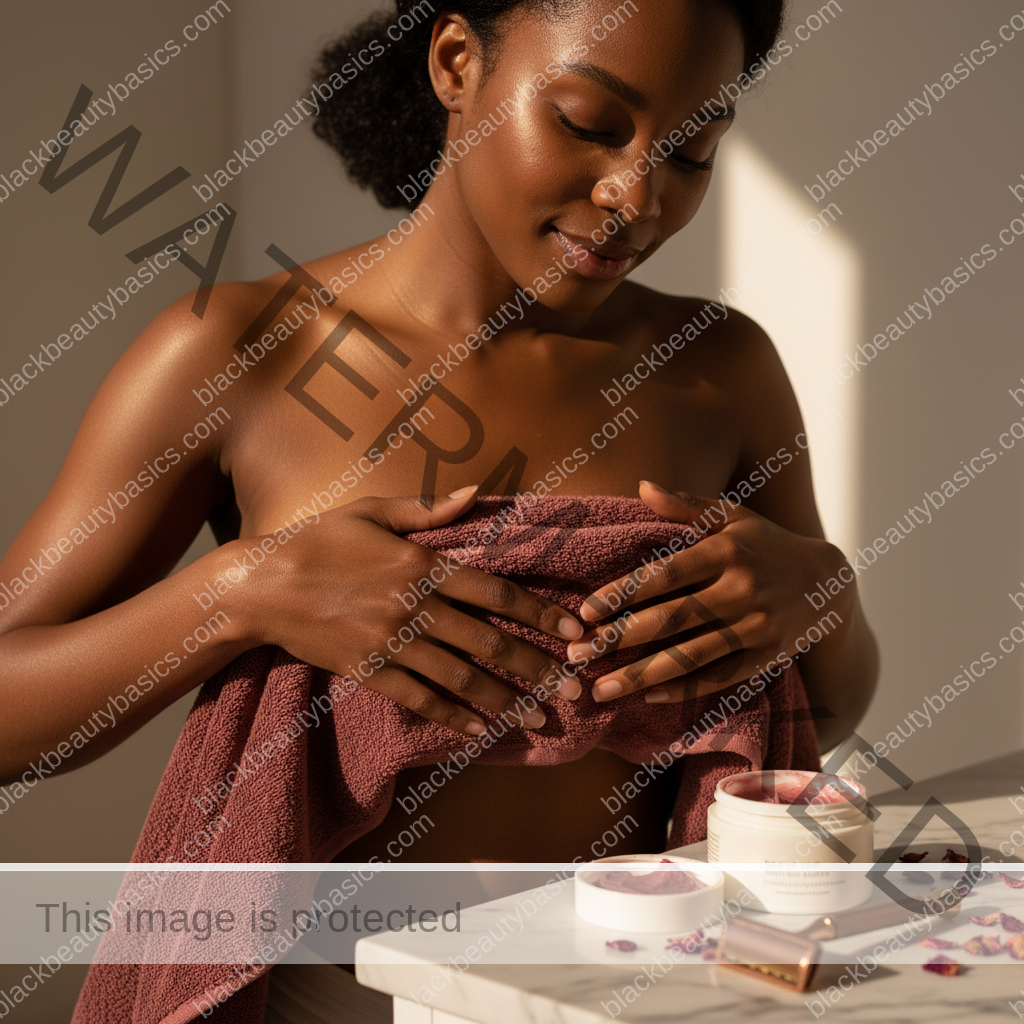 Melanin-rich Black woman with rich brown skin in a soft reassuring body care scene
