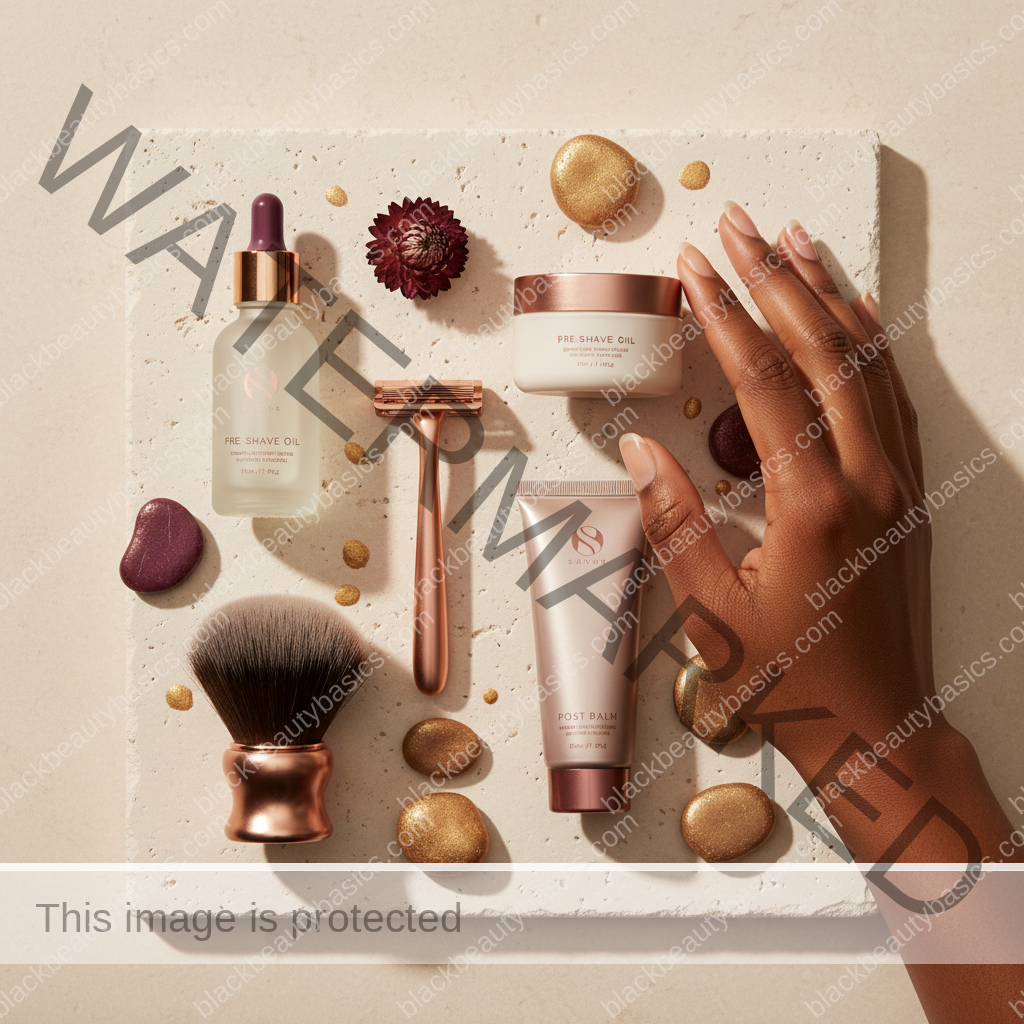 Body care essentials for Bikini-Line Shaving Routine for Melanin-Rich Skin in ivory plum bronze and soft gold tones