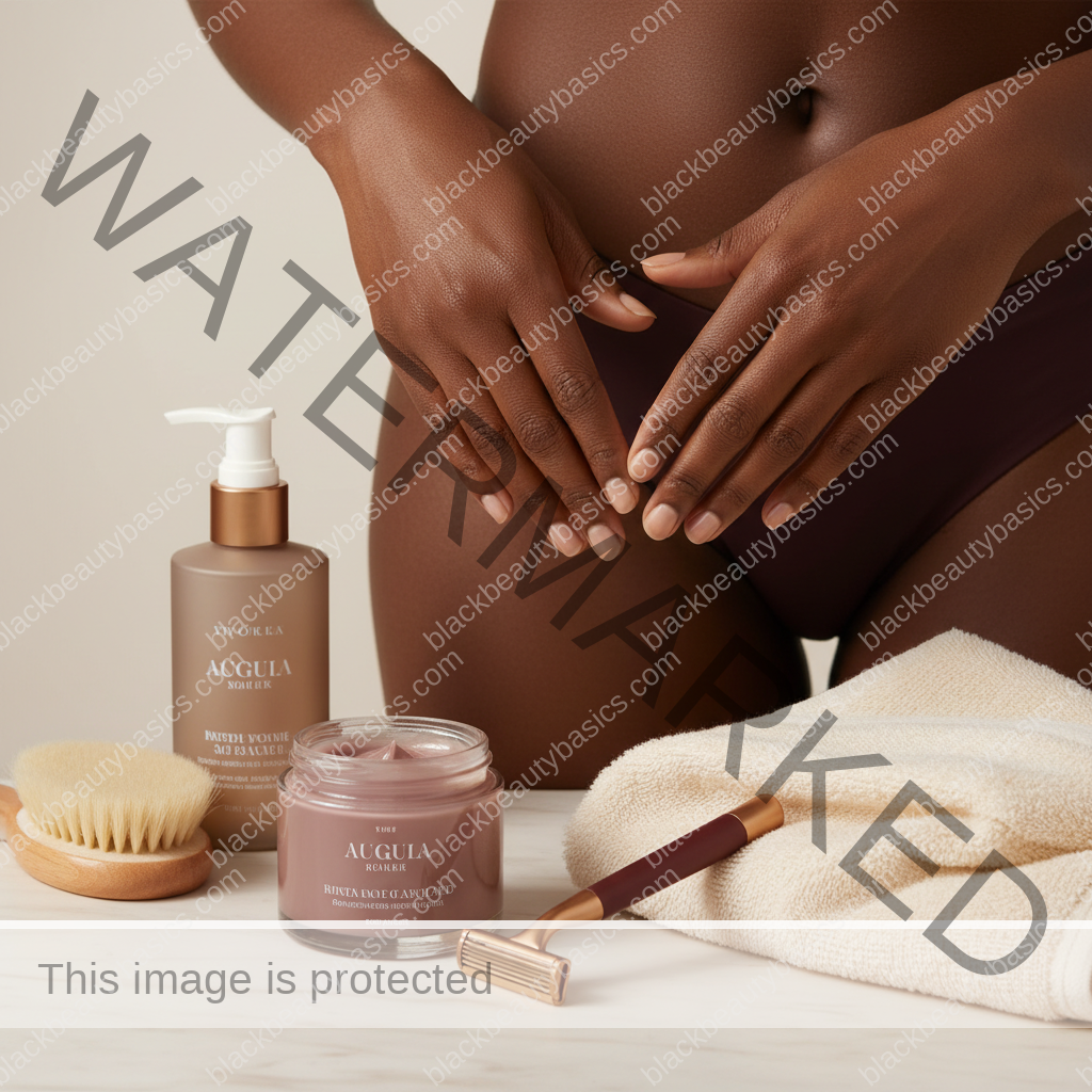 Melanin-rich Black woman with rich brown skin using a practical body care step with natural hands and correct anatomy