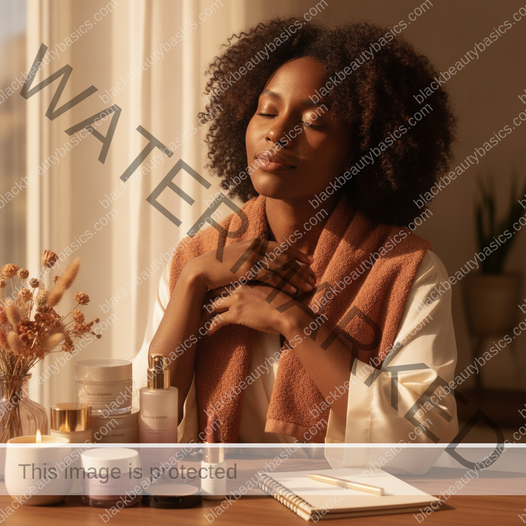 Melanin-rich Black woman with rich brown skin relaxed after a calm beauty ritual