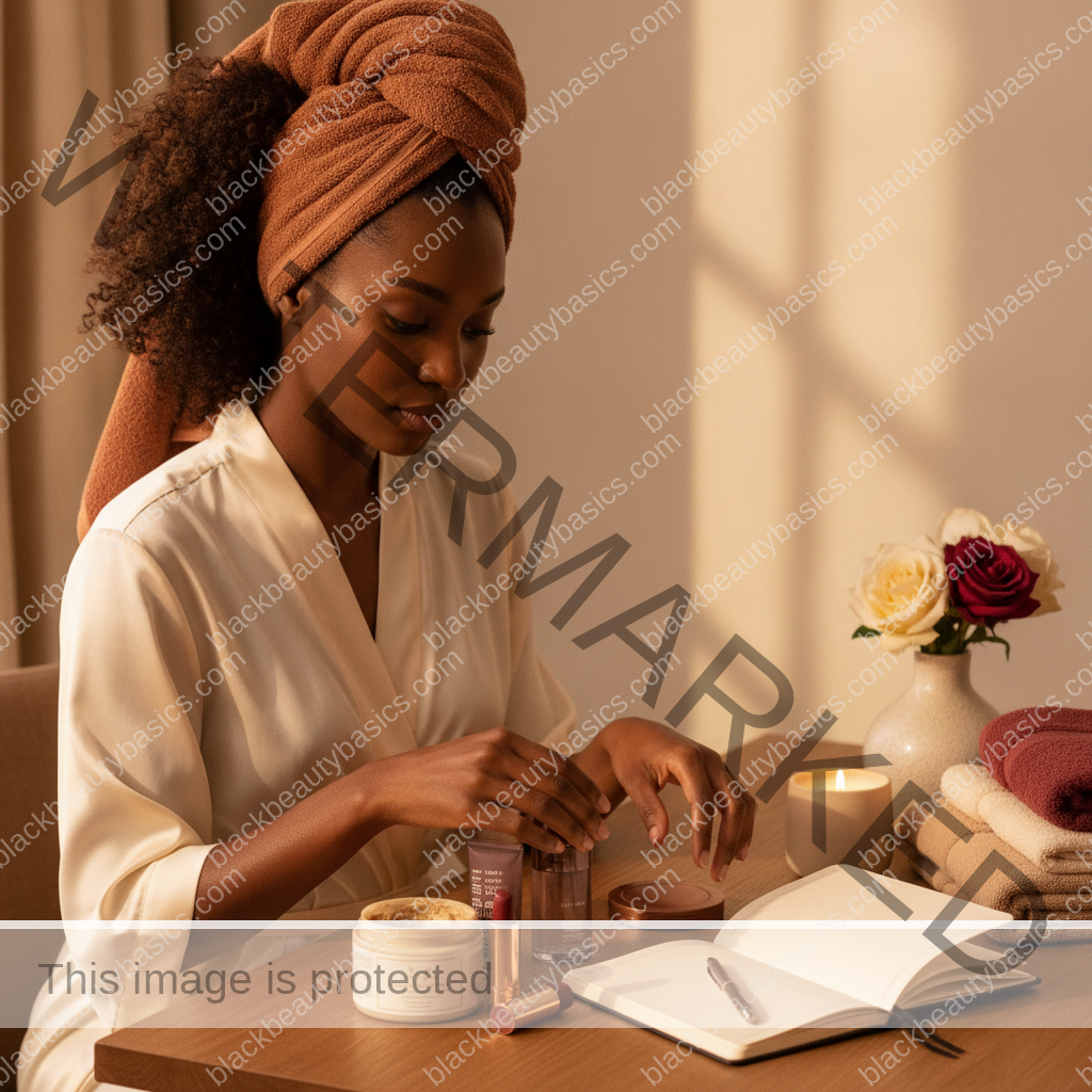 Melanin-rich Black woman with rich brown skin arranging beauty products in a realistic ritual setting