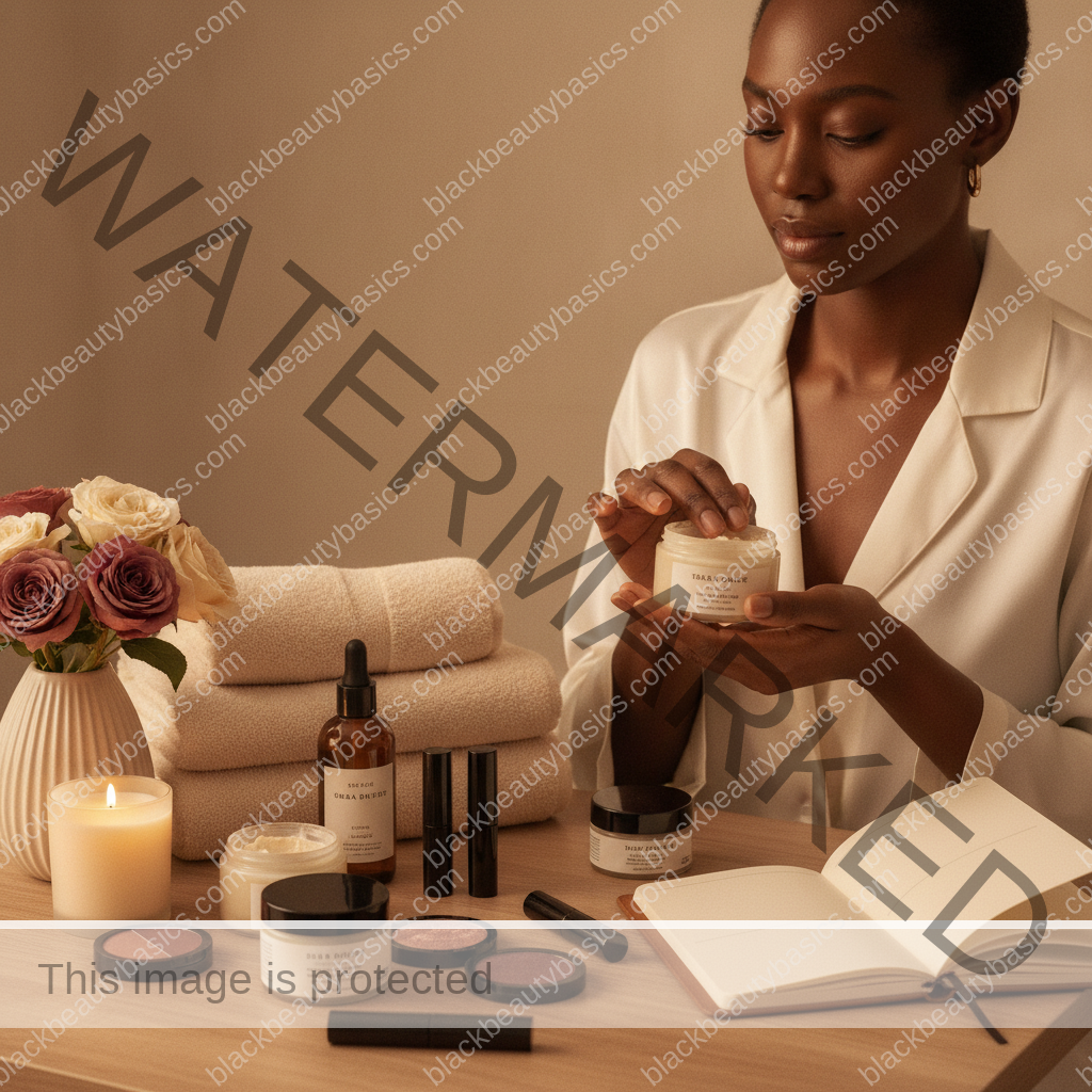Melanin-rich Black woman with rich brown skin in a calm self-care ritual moment