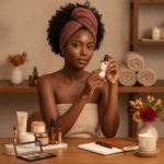 Melanin-rich Black woman with rich brown skin in a warm editorial beauty ritual moment for Black-Owned Beauty Shopping Guide: How to Build a Balanced Routine