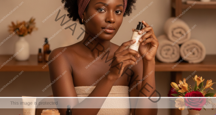 Melanin-rich Black woman with rich brown skin in a warm editorial beauty ritual moment for Black-Owned Beauty Shopping Guide: How to Build a Balanced Routine