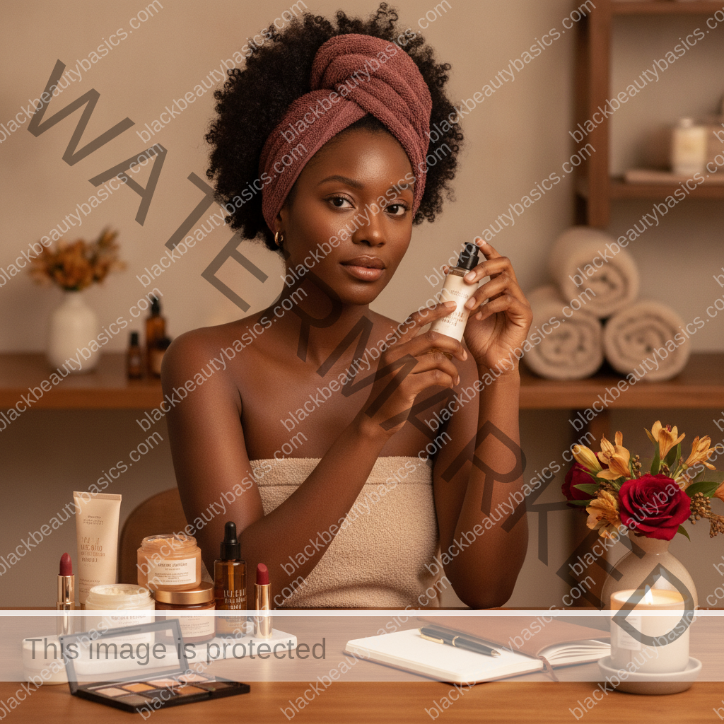 Melanin-rich Black woman with rich brown skin in a warm editorial beauty ritual moment for Black-Owned Beauty Shopping Guide: How to Build a Balanced Routine