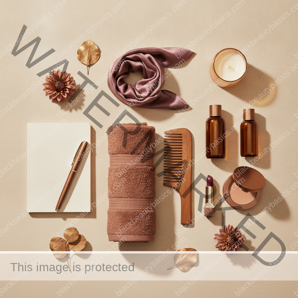 Clean self-care and beauty ritual flat lay for Black-Owned Beauty Shopping Guide: How to Build a Balanced Routine in ivory plum bronze and soft gold tones
