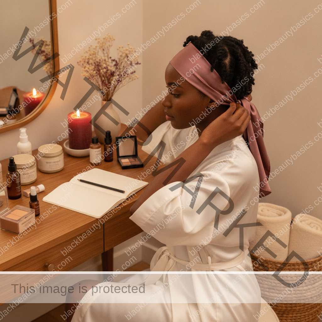 Melanin-rich Black woman with rich brown skin completing a gentle beauty ritual step with natural hands