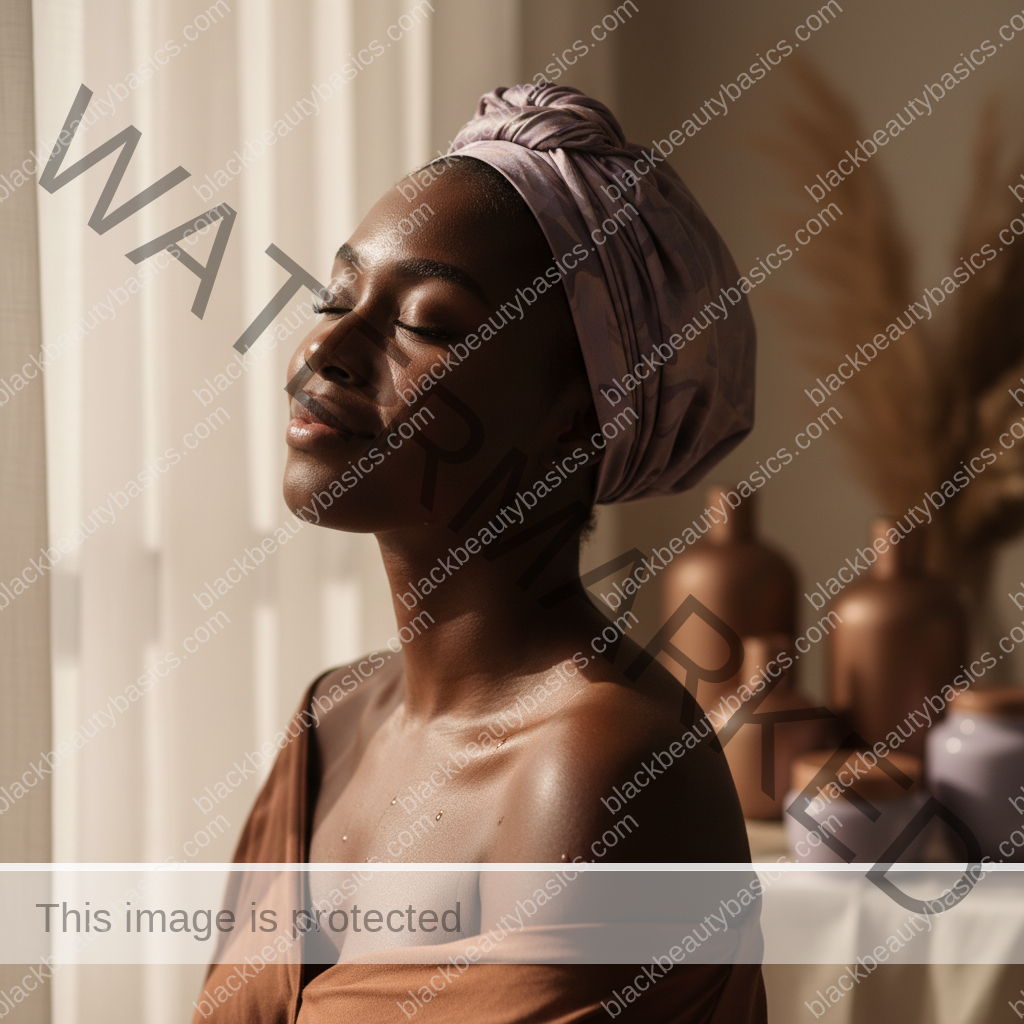 Black woman with deep skin relaxed after a gentle acne-safe skincare routine