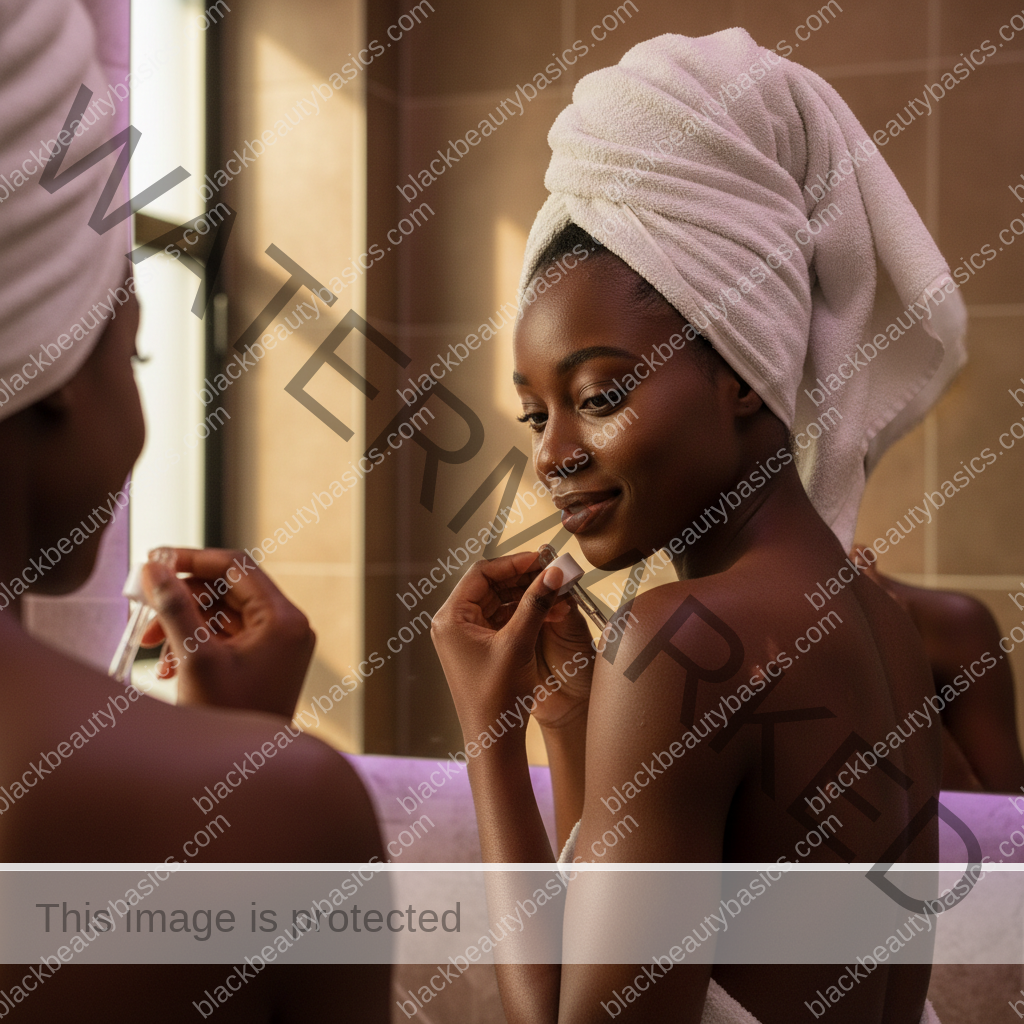 Black woman with richly melanated skin reflecting gently during an acne care routine