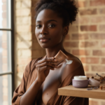 Black woman with deep skin in a calm acne-safe skincare moment for When Body Acne Needs a Different Routine Than Facial Acne