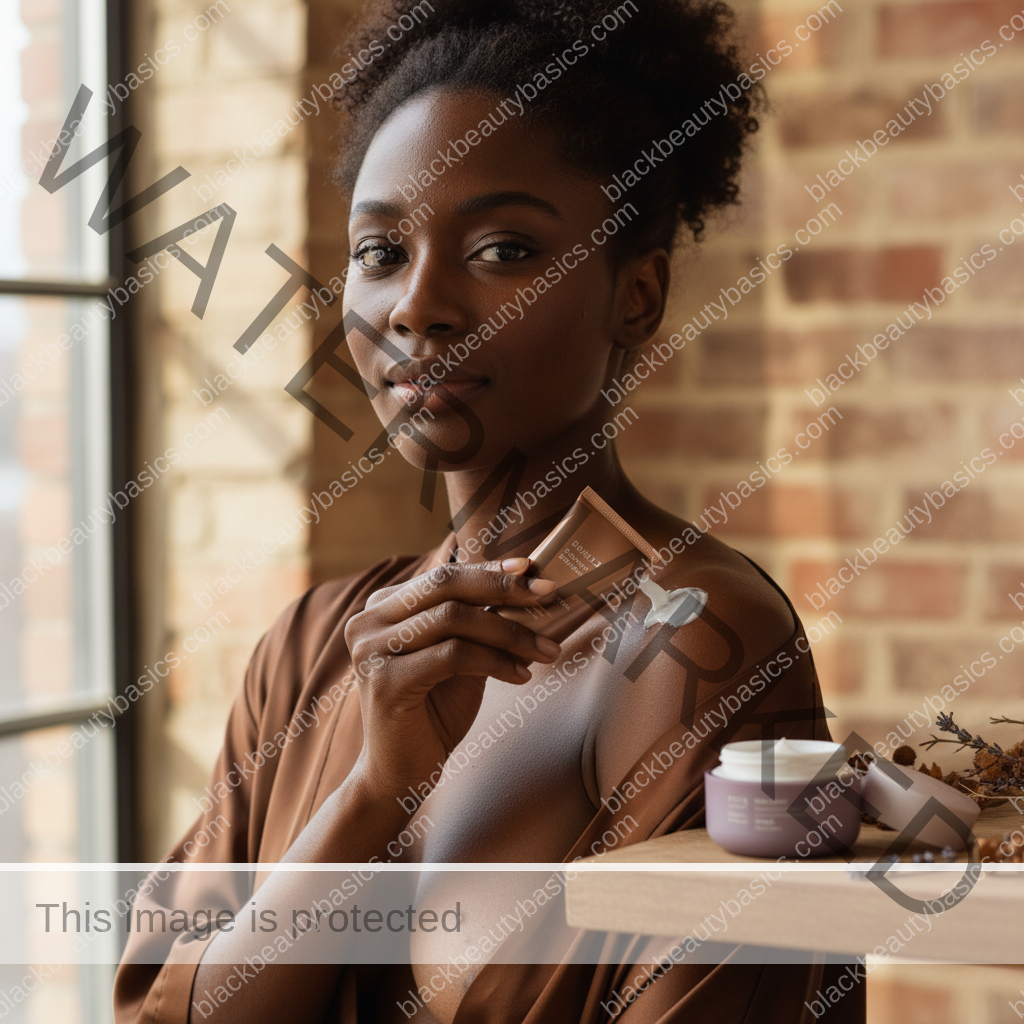 Black woman with deep skin in a calm acne-safe skincare moment for When Body Acne Needs a Different Routine Than Facial Acne