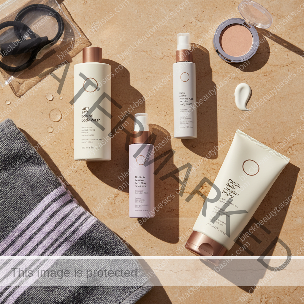 Acne-safe skincare essentials arranged for When Body Acne Needs a Different Routine Than Facial Acne