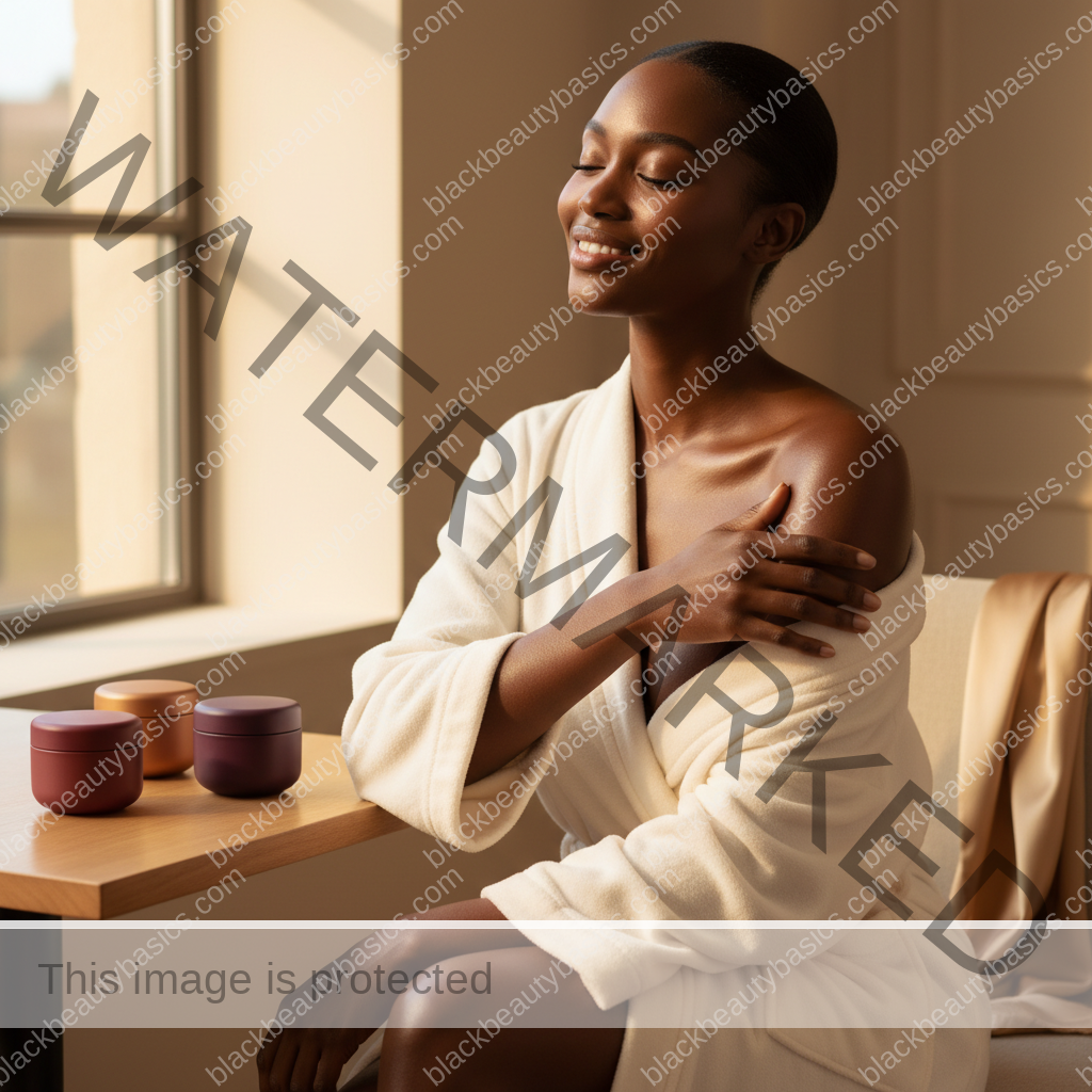 Melanin-rich Black woman with rich brown skin relaxed after a gentle body care routine