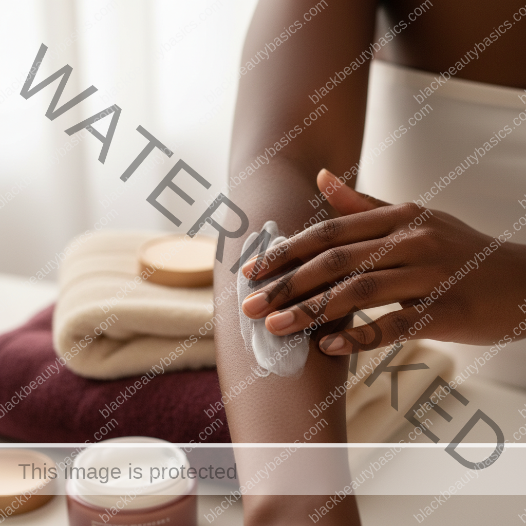 Melanin-rich Black woman with rich brown skin in a soft reassuring body care scene