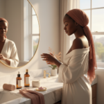 Melanin-rich Black woman with rich brown skin in a warm editorial body care moment for Safe Body-Care Routine After Laser Hair Removal on Dark Skin
