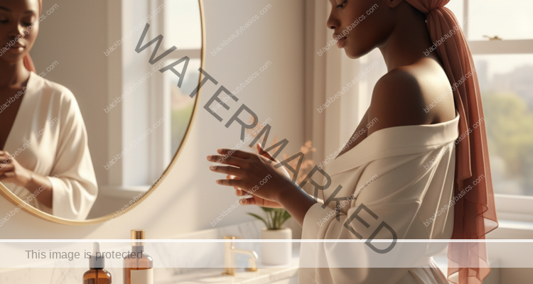 Melanin-rich Black woman with rich brown skin in a warm editorial body care moment for Safe Body-Care Routine After Laser Hair Removal on Dark Skin