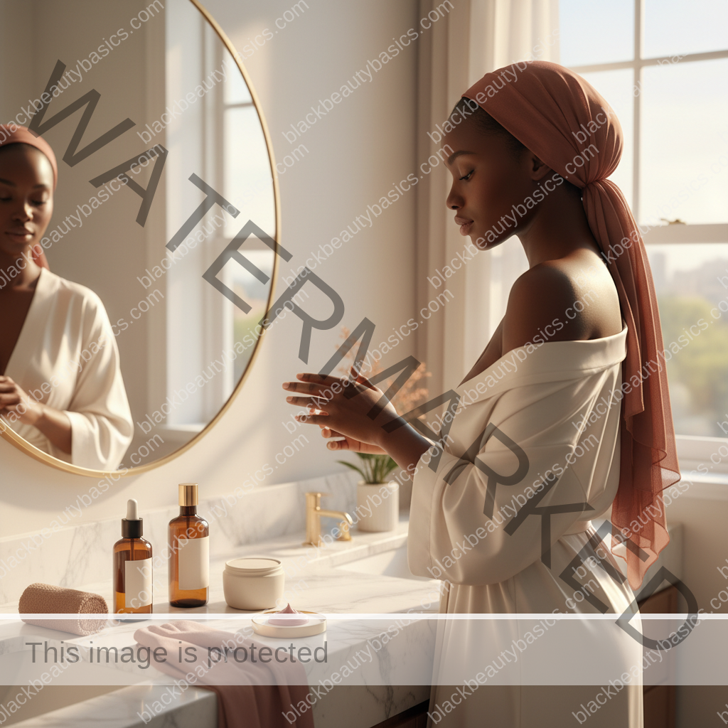 Melanin-rich Black woman with rich brown skin in a warm editorial body care moment for Safe Body-Care Routine After Laser Hair Removal on Dark Skin