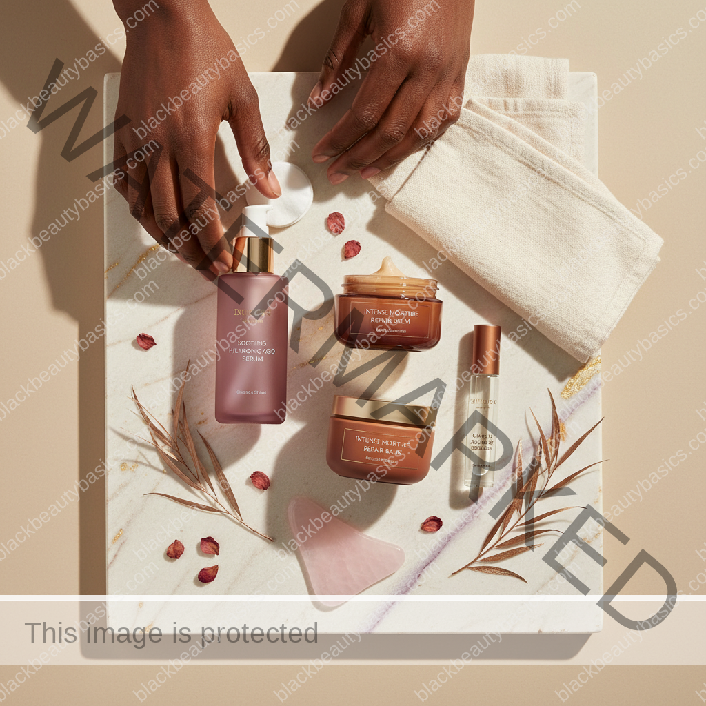 Body care essentials for Safe Body-Care Routine After Laser Hair Removal on Dark Skin in ivory plum bronze and soft gold tones