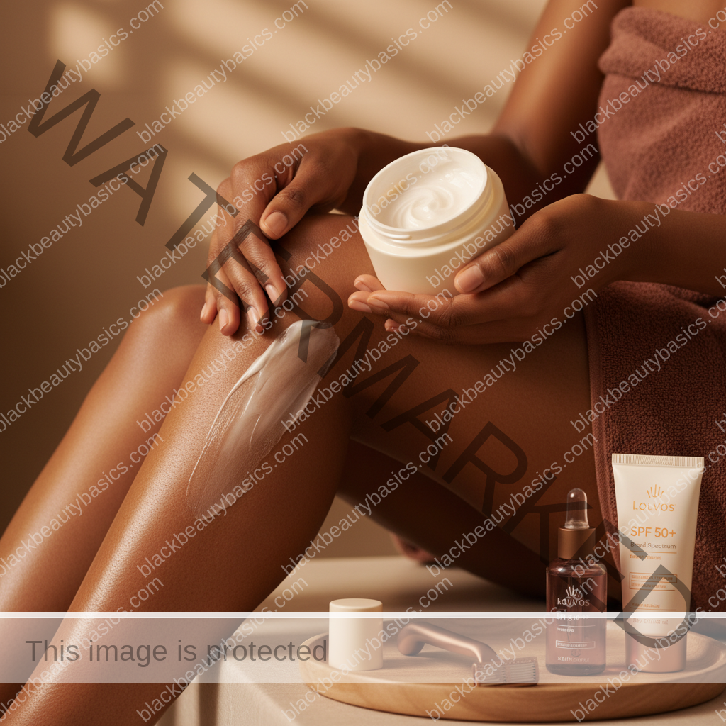 Melanin-rich Black woman with rich brown skin using a practical body care step with natural hands and correct anatomy