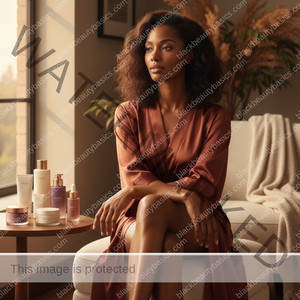 Melanin-rich Black woman with rich brown skin relaxed after a gentle body care routine