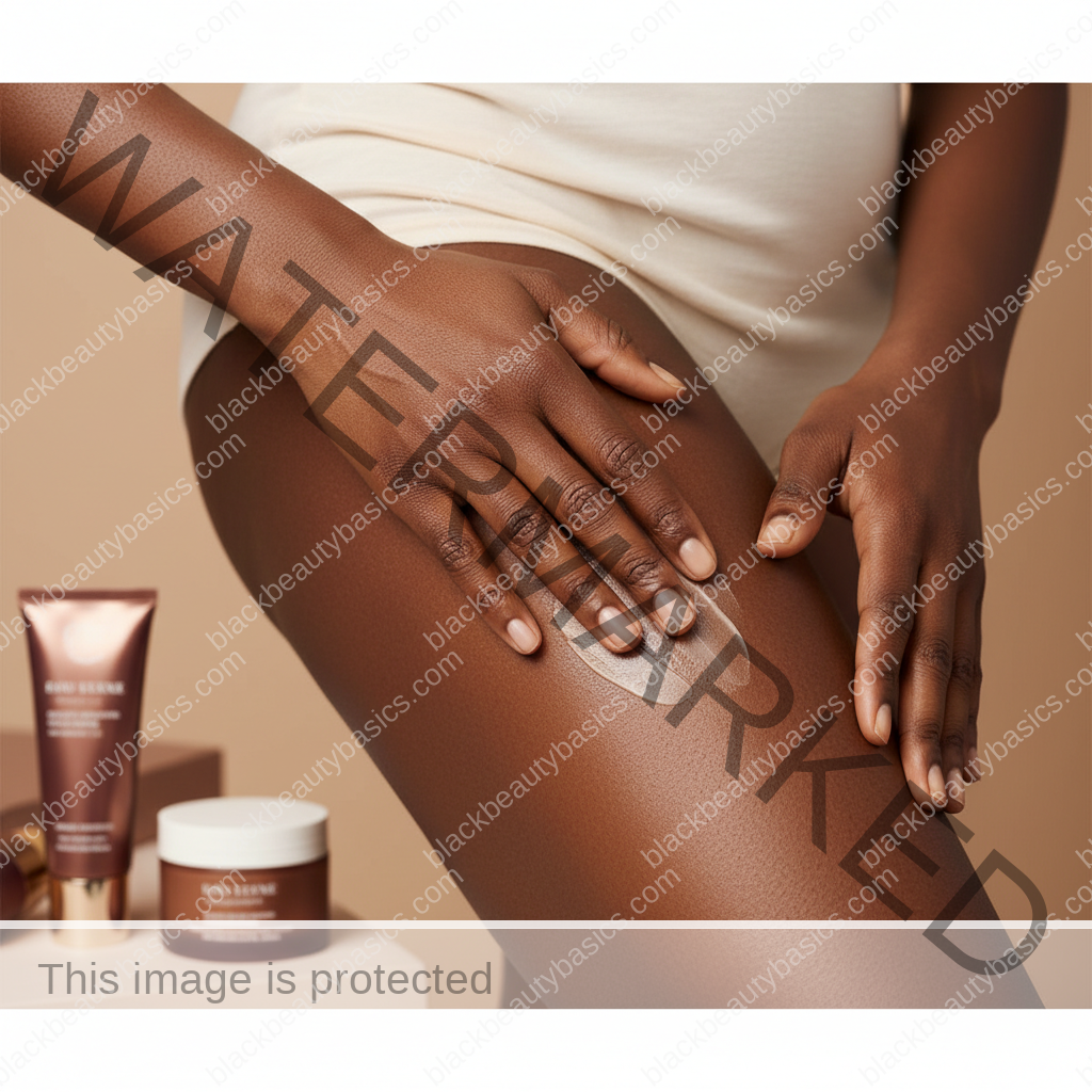 Realistic rich brown skin texture in a respectful body care detail for Body Care for Friction Darkening on Thighs and Underarms