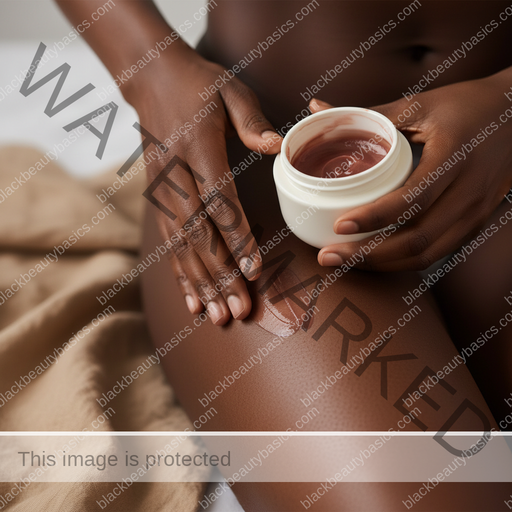 Melanin-rich Black woman with rich brown skin in a soft reassuring body care scene