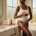 Melanin-rich Black woman with rich brown skin in a warm editorial body care moment for Body Care for Friction Darkening on Thighs and Underarms