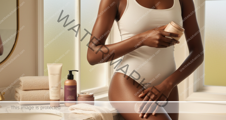 Melanin-rich Black woman with rich brown skin in a warm editorial body care moment for Body Care for Friction Darkening on Thighs and Underarms