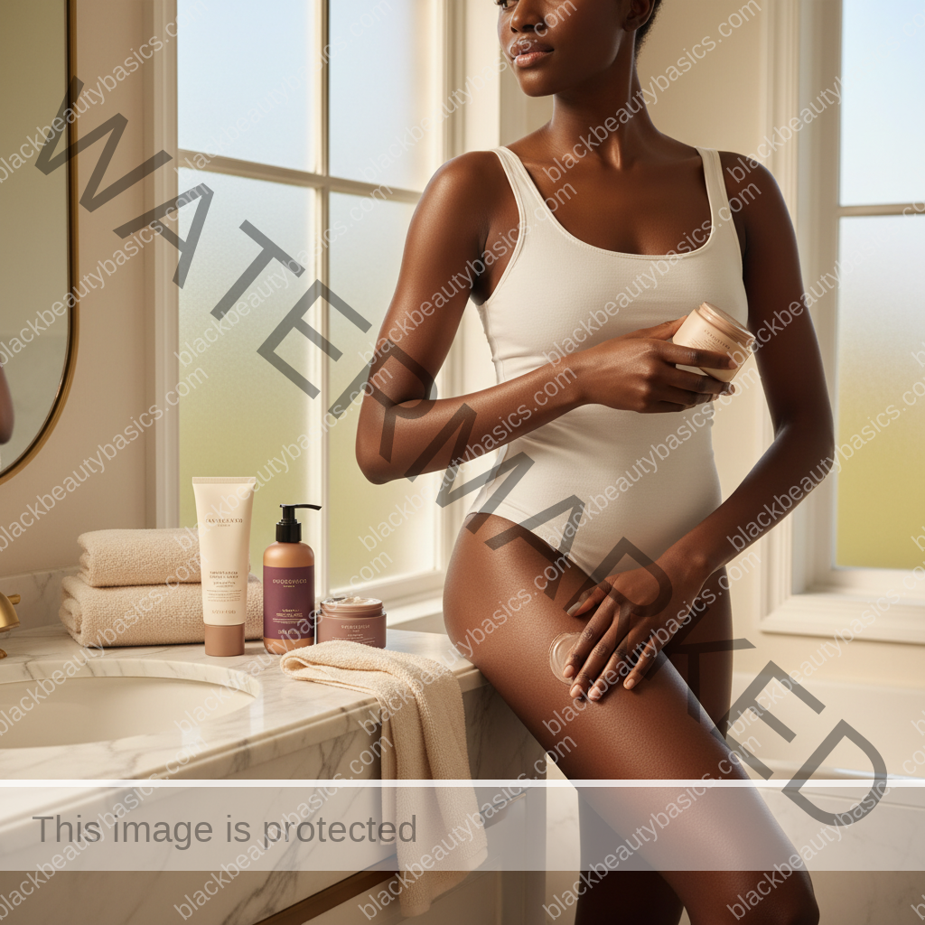 Melanin-rich Black woman with rich brown skin in a warm editorial body care moment for Body Care for Friction Darkening on Thighs and Underarms