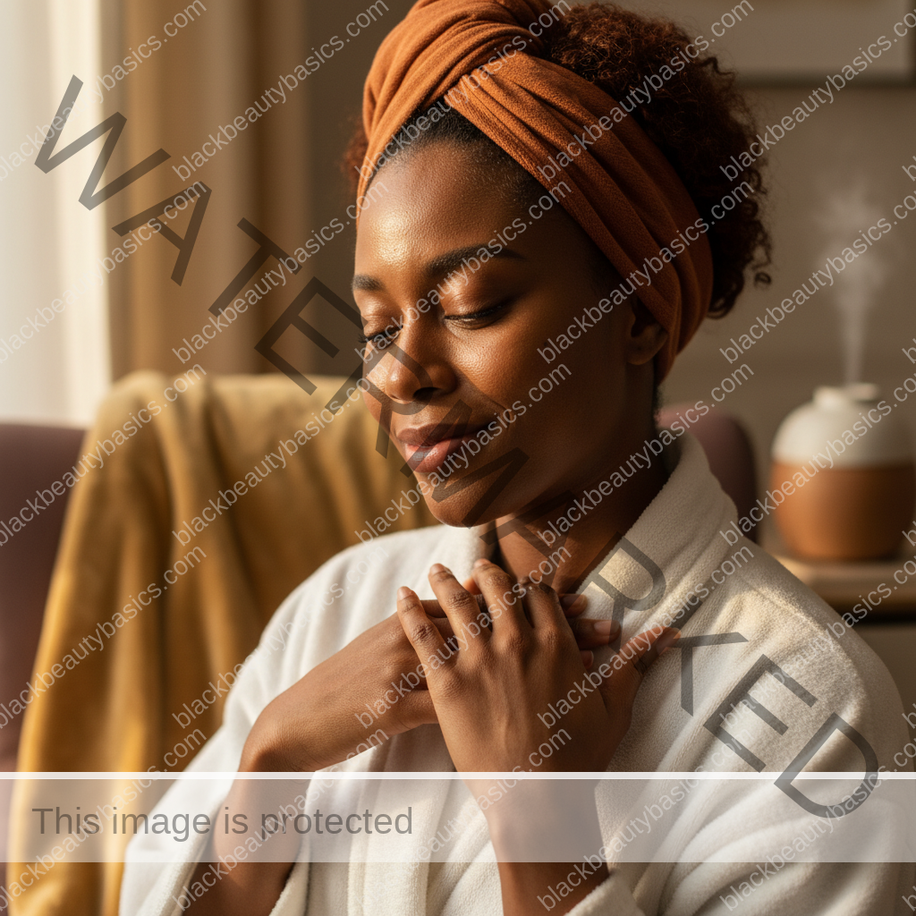 Melanin-rich Black woman with rich brown skin and textured hair relaxed after a calm skin-care or treatment-safety routine