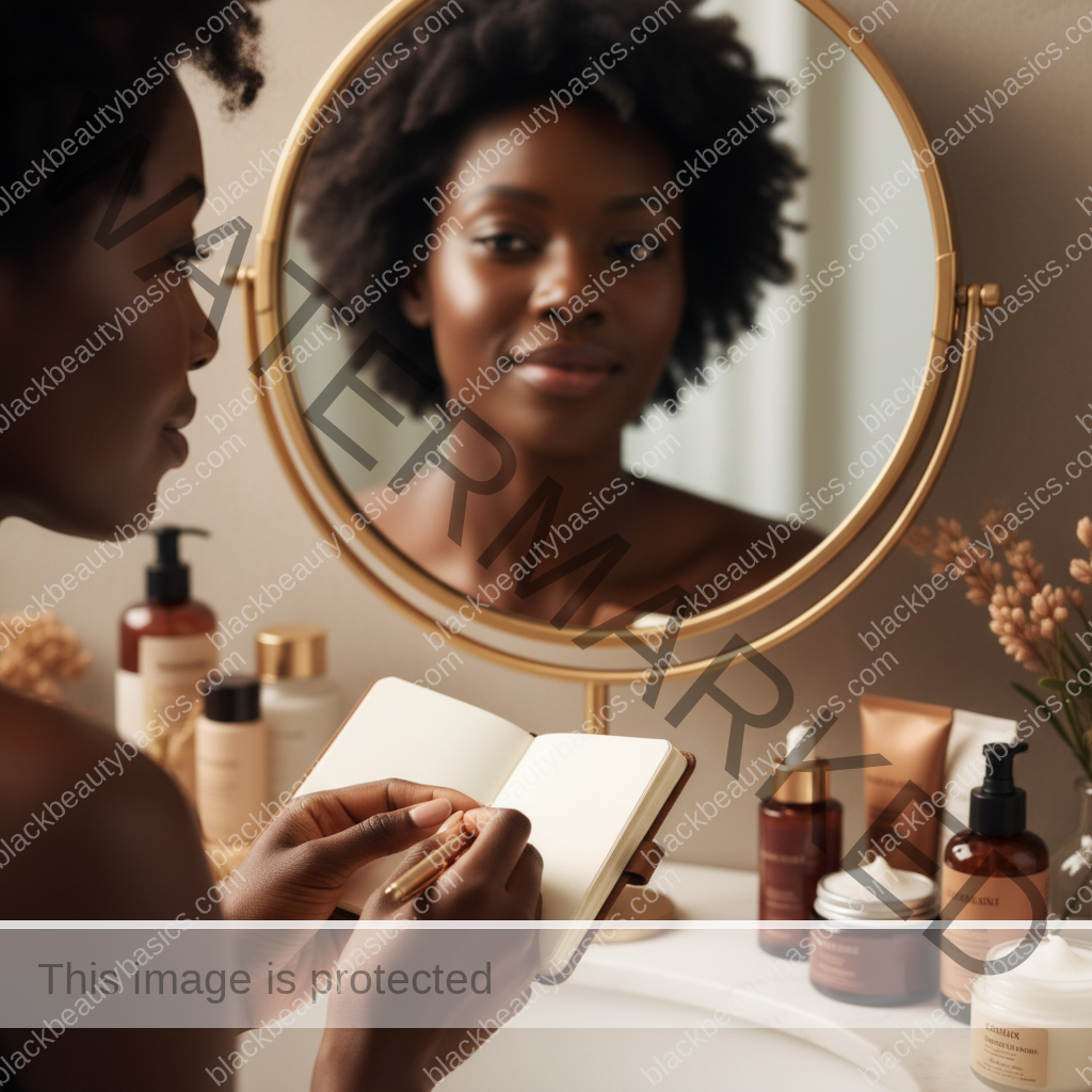 Melanin-rich Black woman with rich brown skin and textured hair in a calm mirror or note-taking moment