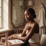 Melanin-rich Black woman with rich brown skin and textured hair in a warm editorial dark-skin care moment for Body Eczema Routine for Black Women