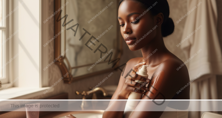 Melanin-rich Black woman with rich brown skin and textured hair in a warm editorial dark-skin care moment for Body Eczema Routine for Black Women