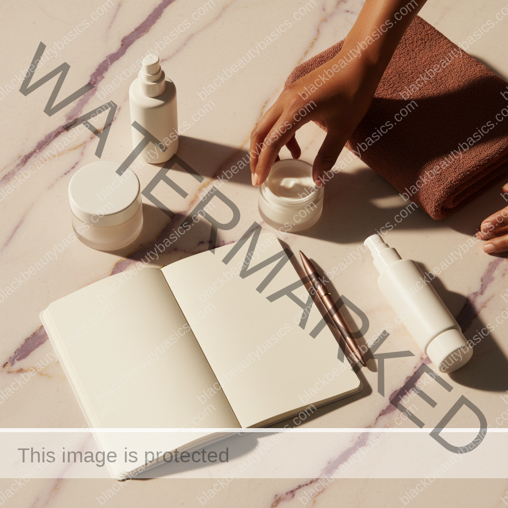 Dark-skin care essentials for Body Eczema Routine for Black Women in ivory plum bronze and soft gold tones