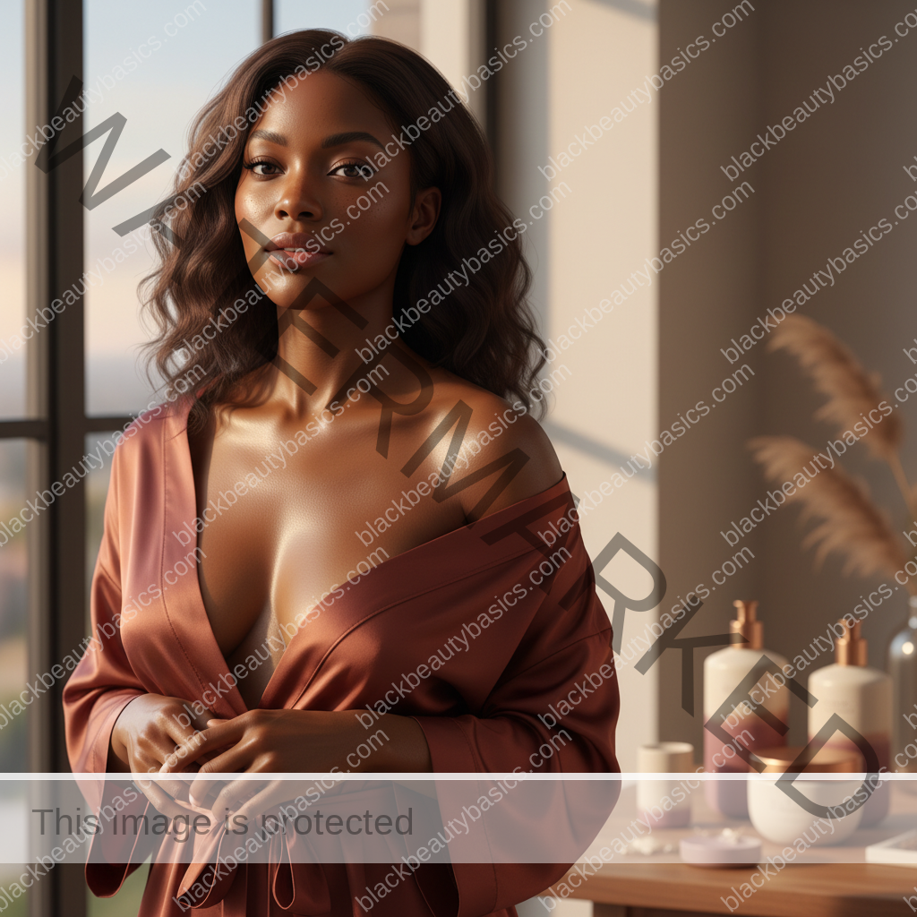 Melanin-rich Black woman with rich brown skin relaxed after a gentle body care routine