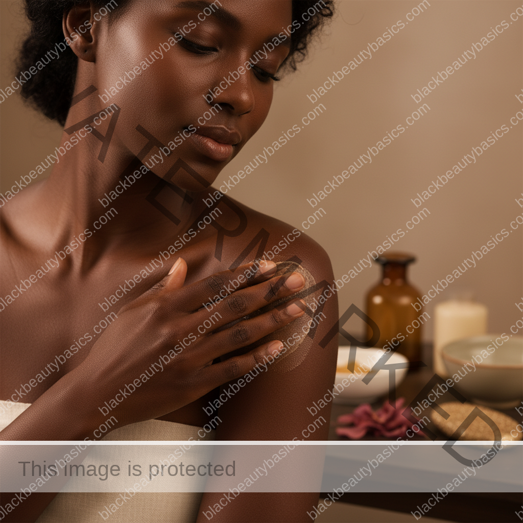 Melanin-rich Black woman with rich brown skin in a soft reassuring body care scene