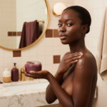 Melanin-rich Black woman with rich brown skin in a gentle body exfoliation routine