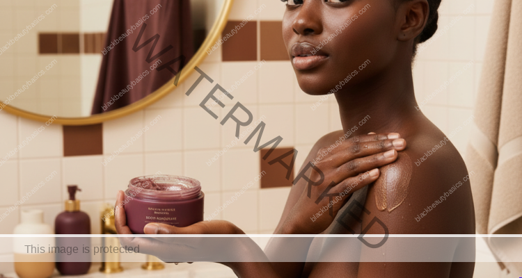 Melanin-rich Black woman with rich brown skin in a gentle body exfoliation routine