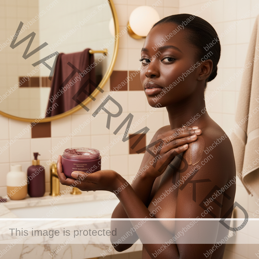 Melanin-rich Black woman with rich brown skin in a gentle body exfoliation routine