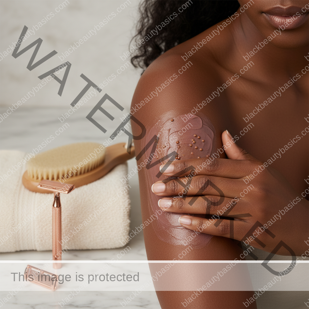 Melanin-rich Black woman with rich brown skin using a practical body care step with natural hands and correct anatomy
