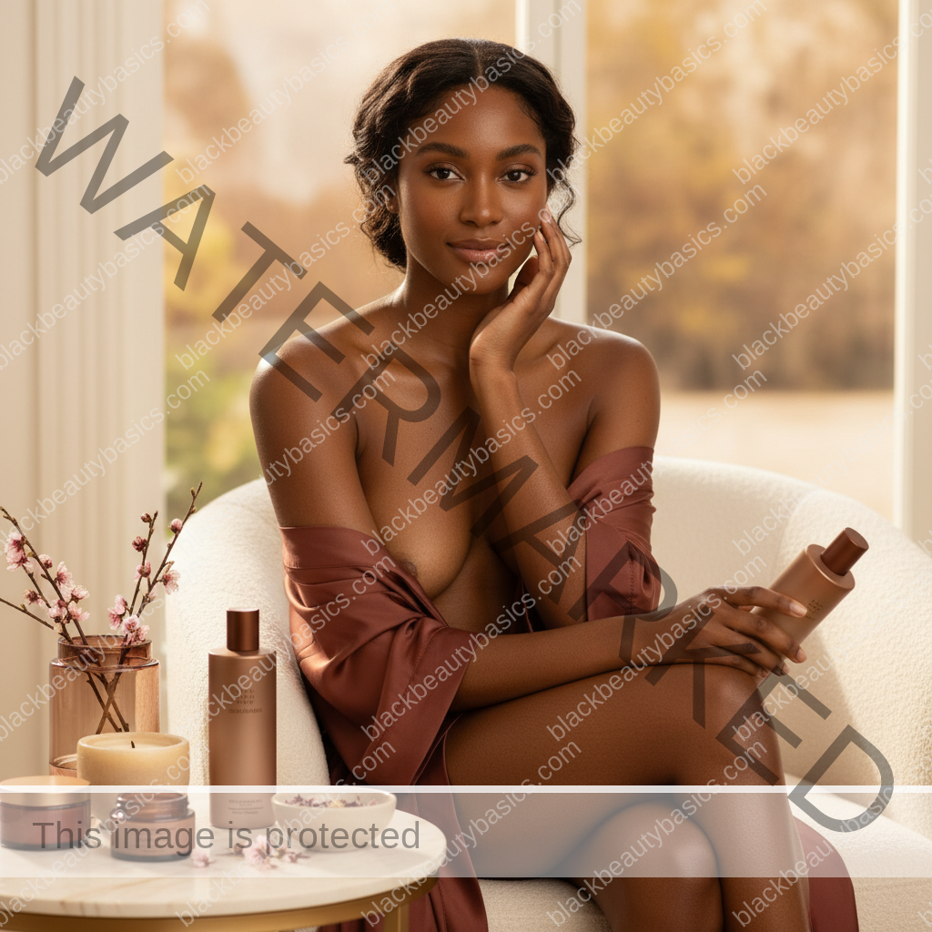 Melanin-rich Black woman with rich brown skin relaxed after a gentle body care routine
