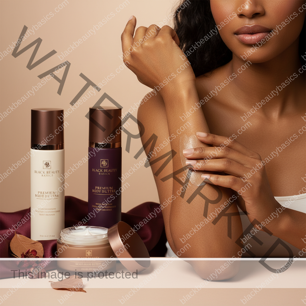 Realistic rich brown skin texture in a respectful body care detail for Best Body Moisturizers by Climate for Dark Skin