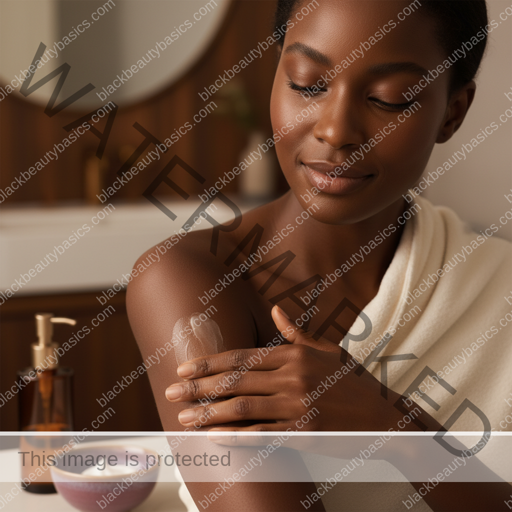 Melanin-rich Black woman with rich brown skin in a soft reassuring body care scene
