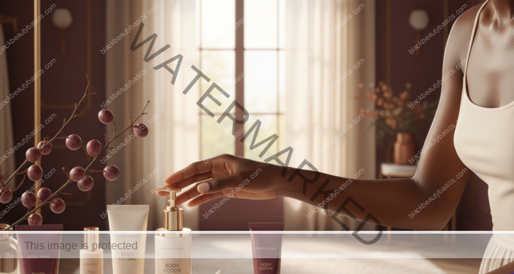 Melanin-rich Black woman with rich brown skin in a warm editorial body care moment for Best Body Moisturizers by Climate for Dark Skin