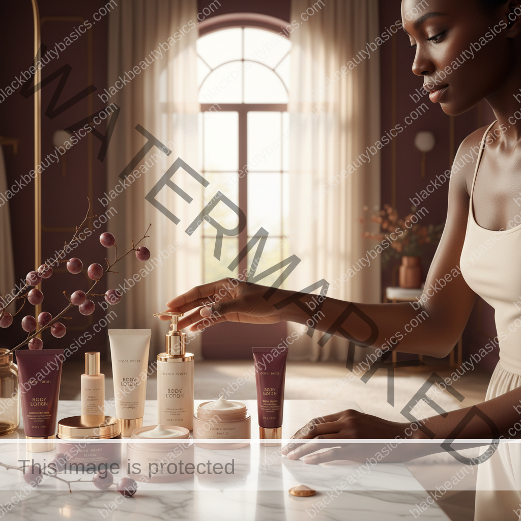 Melanin-rich Black woman with rich brown skin in a warm editorial body care moment for Best Body Moisturizers by Climate for Dark Skin