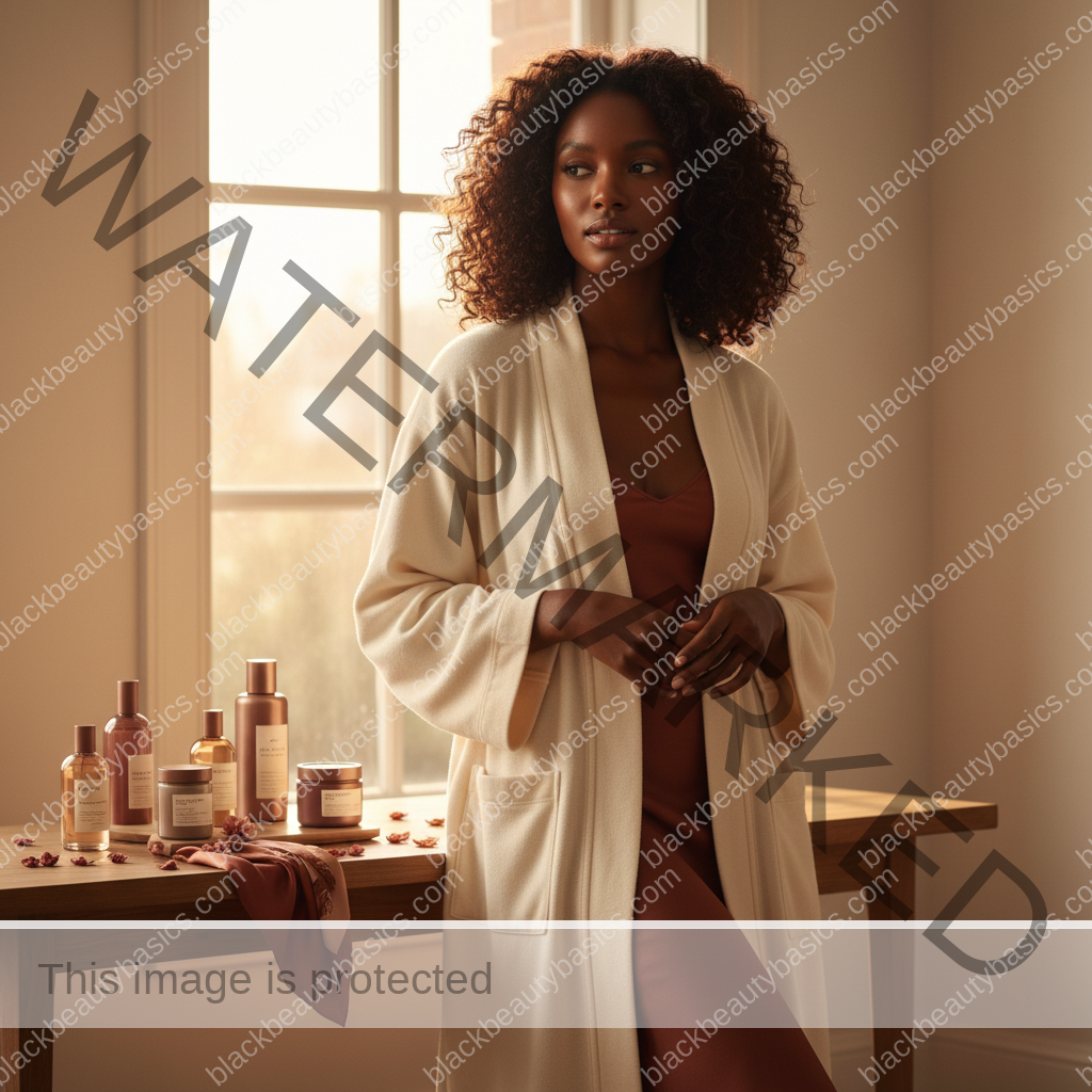 Melanin-rich Black woman with rich brown skin relaxed after a gentle body care routine