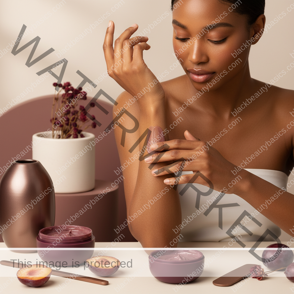 Realistic rich brown skin texture in a respectful body care detail for How to Build a Body Routine for Strawberry Skin on Dark Tones